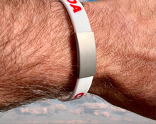 Load image into Gallery viewer, Personalized Canadian Silicone Wristband ID – Custom Stainless Steel Tag for Medical, Travel, Dementia, Kids ID or Inspirational Quote