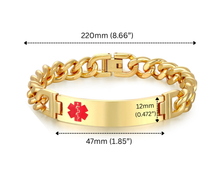Load image into Gallery viewer, Gold Stainless Steel Medical Alert Bracelet – Unisex Laser Engraved, 220mm Figaro Chain