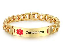 Load image into Gallery viewer, Gold Stainless Steel Medical Alert Bracelet – Unisex Laser Engraved, 220mm Figaro Chain