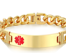 Load image into Gallery viewer, Gold Stainless Steel Medical Alert Bracelet – Unisex Laser Engraved, 220mm Figaro Chain