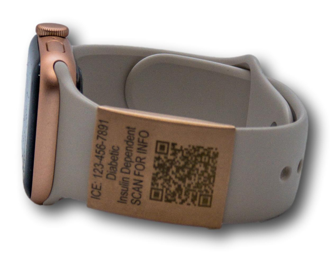 Medical Alert QR Code Tag For Apple Watch Band, Rose Gold Stainless Steel, Engraved QR Code, PingTag Membership Included.