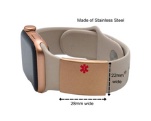 Load image into Gallery viewer, Apple Watch Medical Alert ID Tag - Rose Gold, Stainless Steel, Laser Engraved Medical ID for Watch Band - 22 x 28mm Personalized Safety Plate with Red Caduceus Symbol
