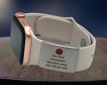 Load image into Gallery viewer, Apple Watch ID Tag, Engraved ID tag, Silver with Red Enamel Caduceus, 22mm x 28mm.