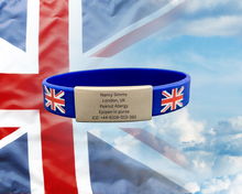 Load image into Gallery viewer, UK Silicone Wristband ID – Personalized Custom Stainless Steel Tag for Medical, Dementia, Kids ID or Inspirational Quote