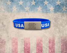 Load image into Gallery viewer, USA Silicone Wristband ID – Personalized Custom Stainless Steel Tag for Medical, Dementia, Kids ID or Inspirational Quote