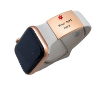 Load image into Gallery viewer, Apple Watch Medical Alert ID Tag - Rose Gold, Stainless Steel, Laser Engraved Medical ID for Watch Band - 22 x 28mm Personalized Safety Plate with Red Caduceus Symbol