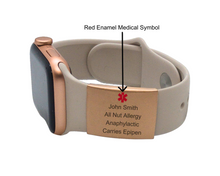 Load image into Gallery viewer, Apple Watch Medical Alert ID Tag - Rose Gold, Stainless Steel, Laser Engraved Medical ID for Watch Band - 22 x 28mm Personalized Safety Plate with Red Caduceus Symbol
