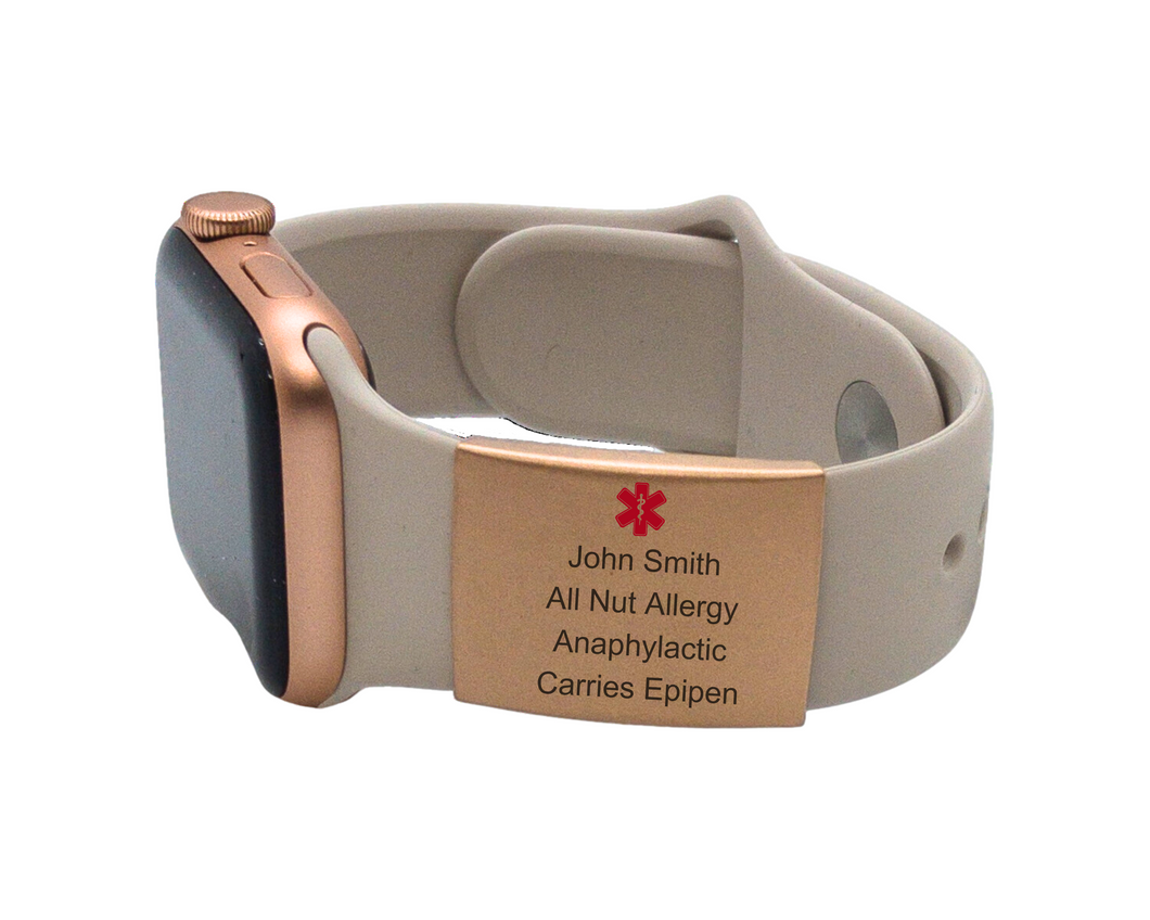 Apple Watch Medical Alert ID Tag - Rose Gold, Stainless Steel, Laser Engraved Medical ID for Watch Band - 22 x 28mm Personalized Safety Plate with Red Caduceus Symbol