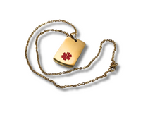 Load image into Gallery viewer, Gold Dog Tag Necklace, Personalized engraved stainless steel dog tag ID pendant, Custom health accessory.