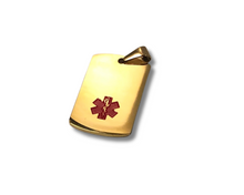 Load image into Gallery viewer, Gold Dog Tag Necklace, Personalized engraved stainless steel dog tag ID pendant, Custom health accessory.