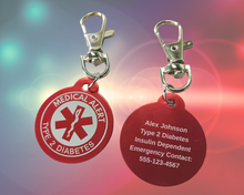 Load image into Gallery viewer, Red Medical Alert Keychain – Personalized Round Aluminum Emergency ID Tag with Engraving