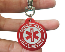Load image into Gallery viewer, Red Medical Alert Keychain – Personalized Round Aluminum Emergency ID Tag with Engraving