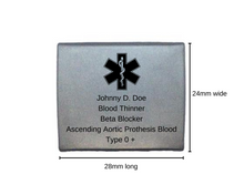 Load image into Gallery viewer, ID Tag for Fitness Tracker, Silver Stainless Steel, Personalized, 24mm x 28mm. My Custom ID™