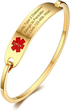 Load image into Gallery viewer, Engraved gold bangle medical alert bracelet.

