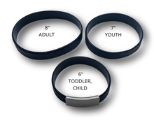 Load image into Gallery viewer, Wrist ID Stretch Black Silicone Bracelet in kid and adult sizes.