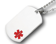 Load image into Gallery viewer, Front view of silver dog tag necklace with red medical symbol.
