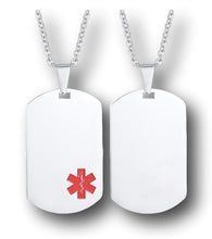 Load image into Gallery viewer, Front and back view of silver military style dog tag necklace.
