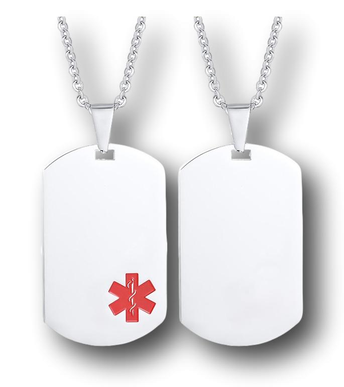 Front and back view of silver military style dog tag necklace.