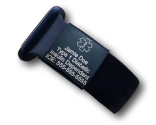 Load image into Gallery viewer, ID Tag for Watch, Black ID Tag for Fitness Tracker, Engraved, Stainless Steel 24mm X 25mm.