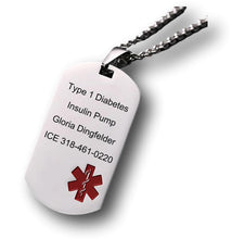 Load image into Gallery viewer, Silver dog tag necklace with engraved text on front.