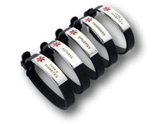 Load image into Gallery viewer, Medical Alert Bracelet. Adjustable silicone band. Pre-engraved.