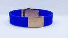 Load image into Gallery viewer, Id Bracelet, Personalized Bracelet, 20mm Blue band. Silver, Black, Rose Gold faceplate. freeshipping - My Custom ID
