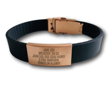 Load image into Gallery viewer, Black silicone medical alert bracelet with rose gold faceplate and clasp.