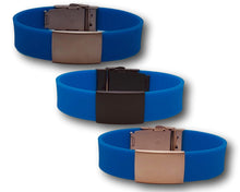 Load image into Gallery viewer, Id Bracelet, Personalized Bracelet, 20mm Blue band. Silver, Black, Rose Gold faceplate. freeshipping - My Custom ID