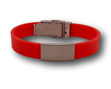 Load image into Gallery viewer, Id Bracelet, Personalized Bracelet, 15mm Red band. Silver, Black, Rose Gold  Faceplate. freeshipping - My Custom ID