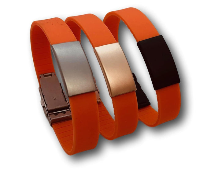 Id Bracelet, Personalized Bracelet, 15mm Orange Band.  Silver, Black, Rose Gold Faceplate. freeshipping - My Custom ID