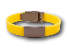 Load image into Gallery viewer, Id Bracelet, Personalized Bracelets, 15mm Yellow band.  Silver, Black, Rose Gold Faceplate. freeshipping - My Custom ID