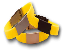 Load image into Gallery viewer, Id Bracelet, Personalized Bracelets, 15mm Yellow band.  Silver, Black, Rose Gold Faceplate. freeshipping - My Custom ID
