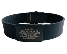 Load image into Gallery viewer, Black silicone medical alert bracelet with black faceplate and clasp.