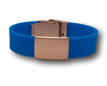 Load image into Gallery viewer, Id Bracelet, Personalized Bracelet, 20mm Blue band. Silver, Black, Rose Gold faceplate. freeshipping - My Custom ID