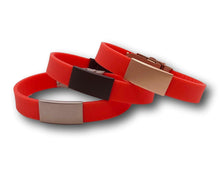 Load image into Gallery viewer, Id Bracelet, Personalized Bracelet, 15mm Red band. Silver, Black, Rose Gold  Faceplate. freeshipping - My Custom ID