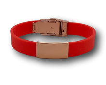 Load image into Gallery viewer, Id Bracelet, Personalized Bracelet, 15mm Red band. Silver, Black, Rose Gold  Faceplate. freeshipping - My Custom ID