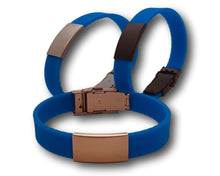 Load image into Gallery viewer, Id Bracelet, Personalized Bracelet, 15mm Blue band. Silver. Black, Rose Gold Nameplate. freeshipping - My Custom ID