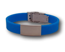 Load image into Gallery viewer, Id Bracelet, Personalized Bracelet, 15mm Blue band. Silver. Black, Rose Gold Nameplate. freeshipping - My Custom ID