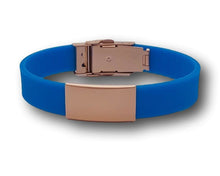 Load image into Gallery viewer, Id Bracelet, Personalized Bracelet, 15mm Blue band. Silver. Black, Rose Gold Nameplate. freeshipping - My Custom ID