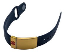 Charger l'image dans la galerie, Medical Alert Bracelet Women, Mens, Kids, Black Silicone Pin and Tuck Bracelet, Gold Faceplate and Medic Alert Tag. freeshipping - My Custom ID