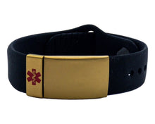 Charger l'image dans la galerie, Medical Alert Bracelet Women, Mens, Kids, Black Silicone Pin and Tuck Bracelet, Gold Faceplate and Medic Alert Tag. freeshipping - My Custom ID