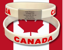 Load image into Gallery viewer, Personalized Canadian Silicone Wristband ID – Custom Stainless Steel Tag for Medical, Travel, Dementia, Kids ID or Inspirational Quote
