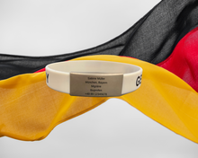 Load image into Gallery viewer, Personalized Germany Silicone Wristband ID – Custom Stainless Steel Tag for Medical, Dementia, Kids ID or Inspirational Quote
