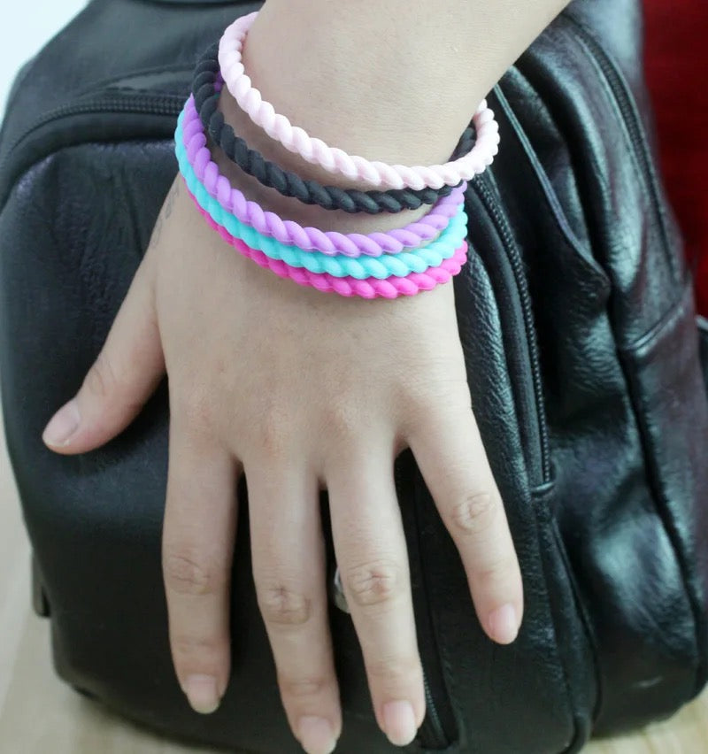 5 Colors Braid Twist Silicone Bracelets – Black, Pink, Purple, Blue – Unisex Rubber Wristbands – 19cm