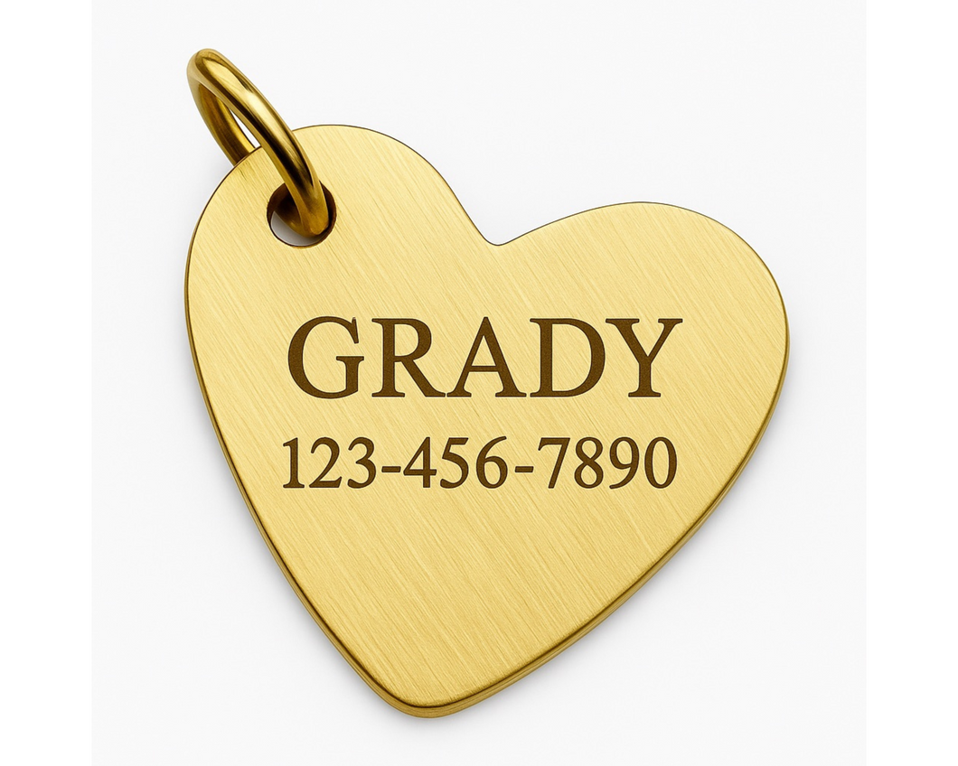 Custom Brass Heart Dog Tag - Irregular Shape Pet ID Tag - Personalized Laser Engraved Name Tag - Brushed Solid Brass