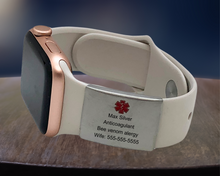 Load image into Gallery viewer, Apple Watch ID Tag, Engraved ID tag, Silver with Red Enamel Caduceus, 22mm x 28mm.
