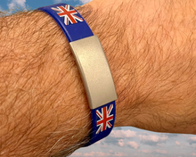 Load image into Gallery viewer, UK Silicone Wristband ID – Personalized Custom Stainless Steel Tag for Medical, Dementia, Kids ID or Inspirational Quote
