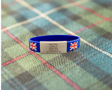 Load image into Gallery viewer, UK Silicone Wristband ID – Personalized Custom Stainless Steel Tag for Medical, Dementia, Kids ID or Inspirational Quote
