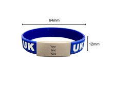 Load image into Gallery viewer, UK Silicone Wristband ID – Personalized Custom Stainless Steel Tag for Medical, Dementia, Kids ID or Inspirational Quote

