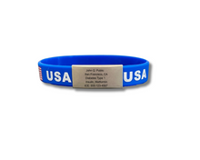 Load image into Gallery viewer, USA Silicone Wristband ID – Personalized Custom Stainless Steel Tag for Medical, Dementia, Kids ID or Inspirational Quote

